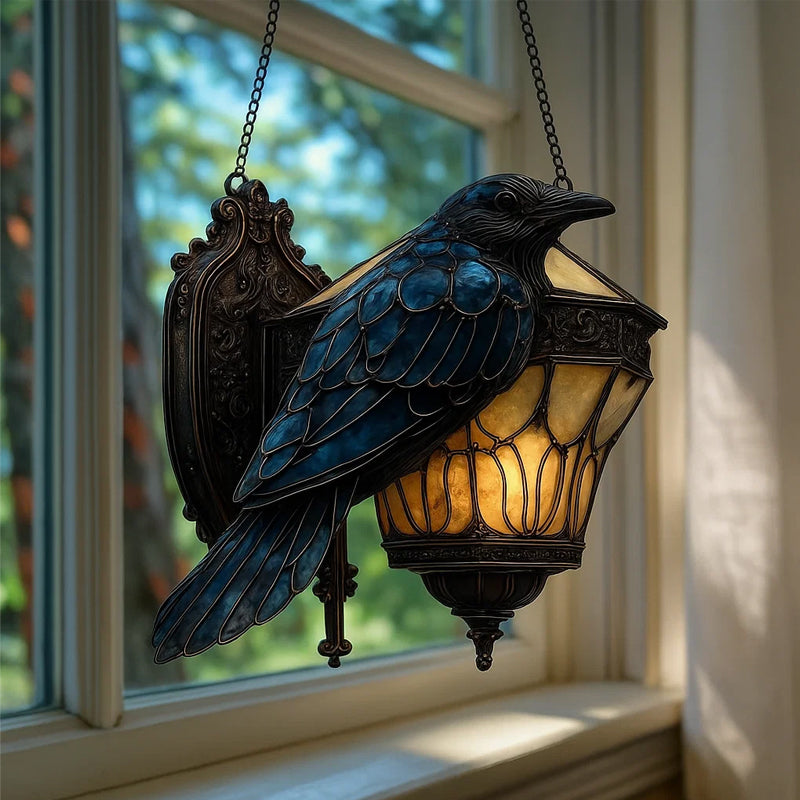 Raven lantern in stained glass