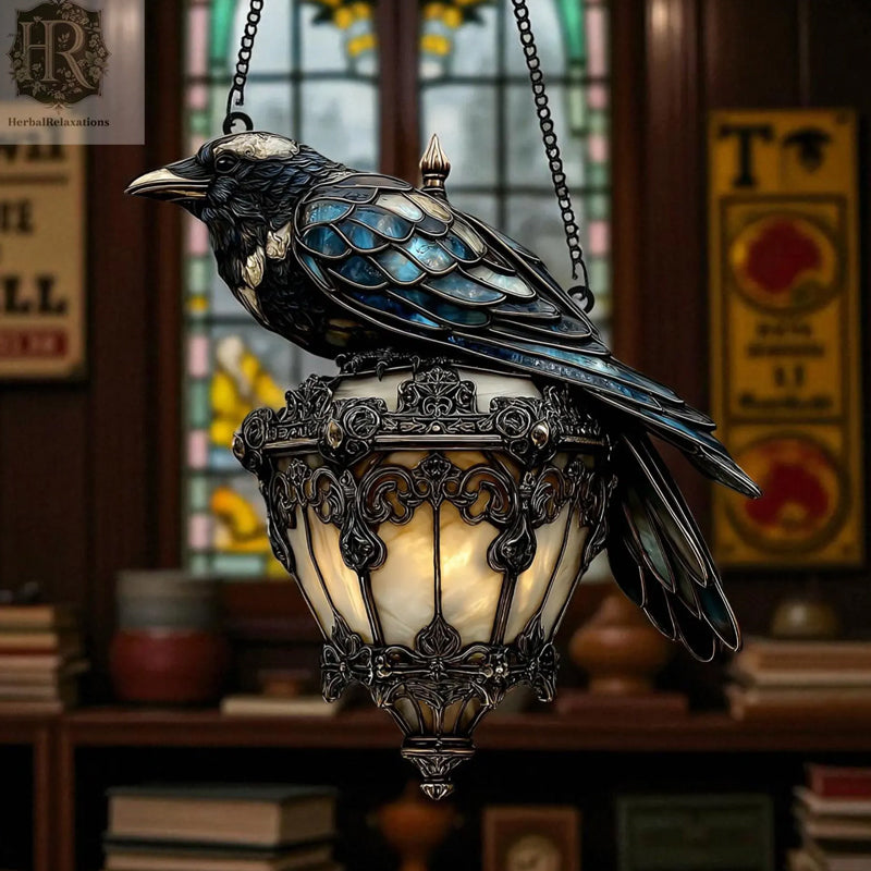 Raven lantern in stained glass