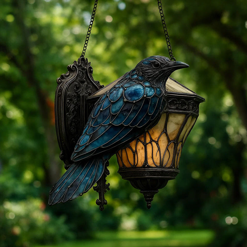 Raven lantern in stained glass