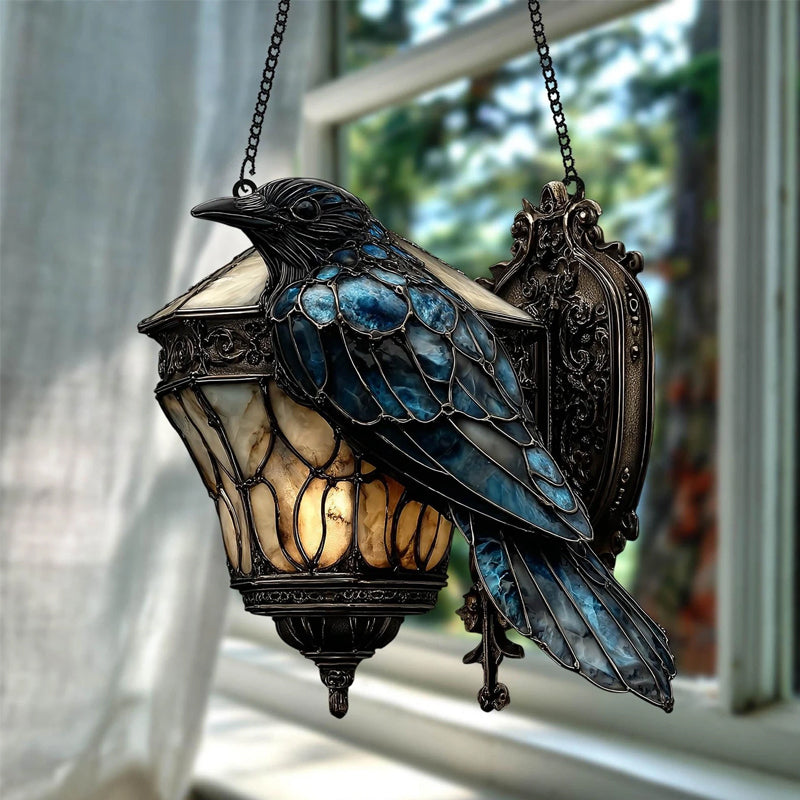 Raven lantern in stained glass