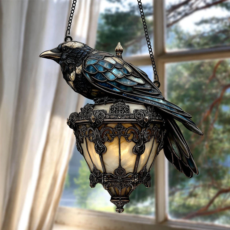 Raven lantern in stained glass