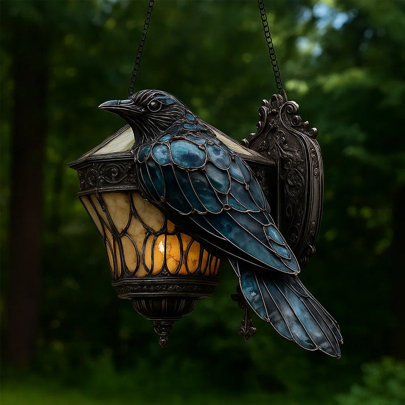Raven lantern in stained glass