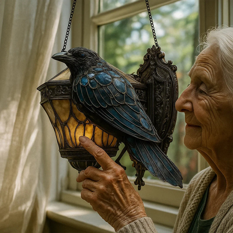 Raven lantern in stained glass