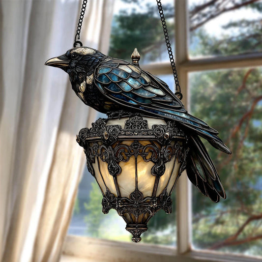 Raven lantern in stained glass